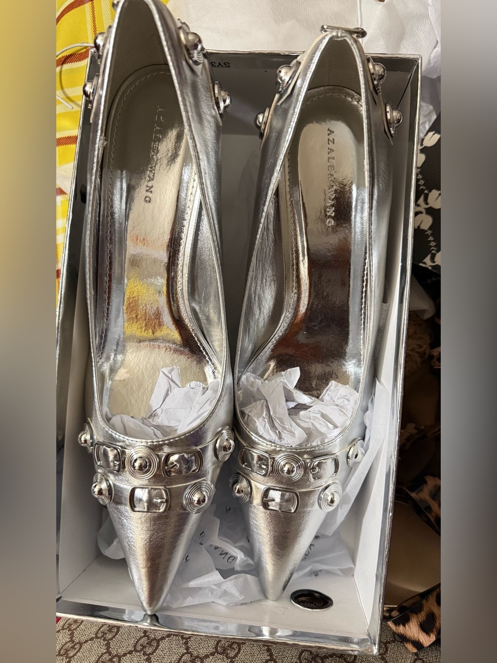 AKIRA Metallic Silver Studded Pointed-Toe Pumps